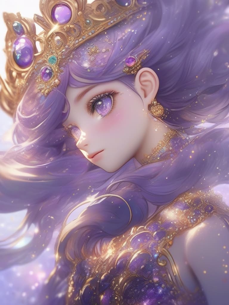  purple hair, odd eye, left eye, purple's right eye is a golden watch, dark purple mermaid dress, tiara on the head, right hand on your cheek, look down, glitter, glitter, masterpiece, best quality,8k,ultra detailed,high resolution,an extremely delicate and beautiful,hyper detail