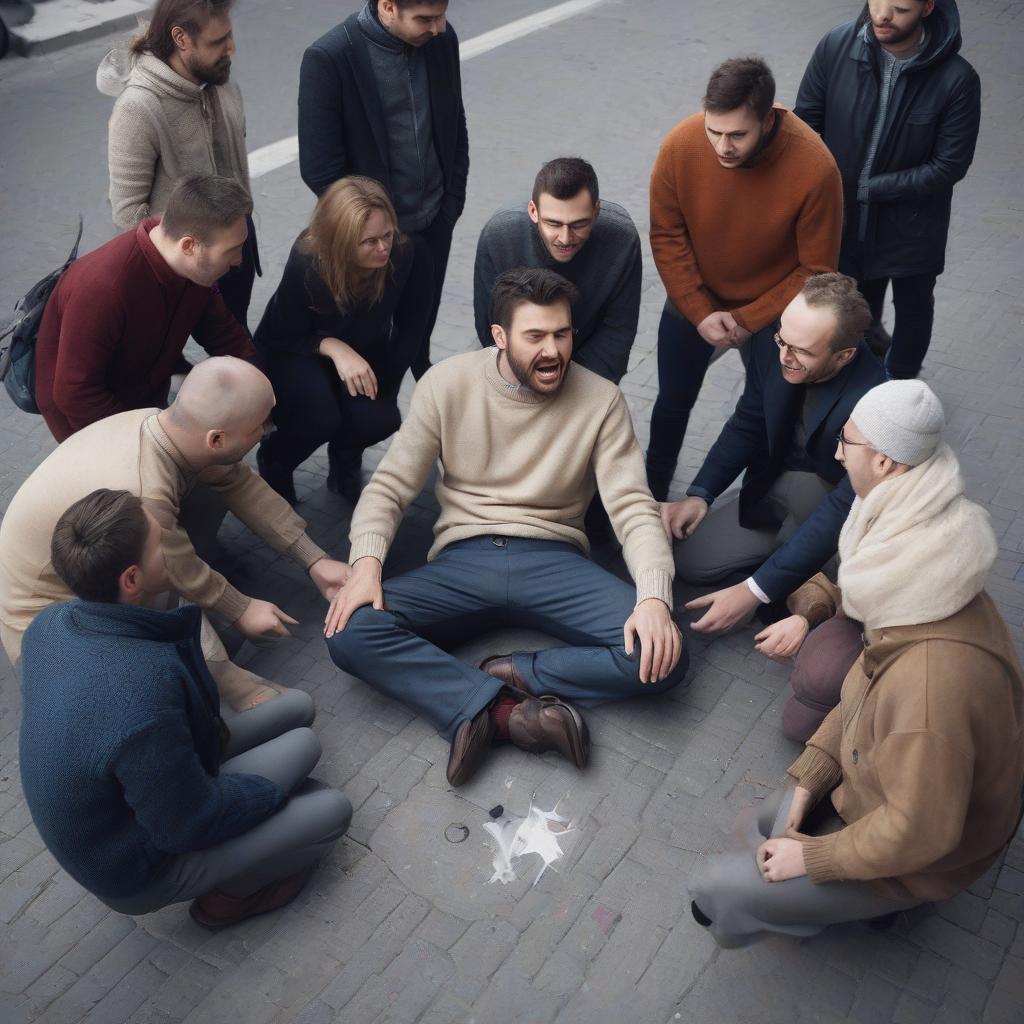  a man with pants and a sweater became ill on the street, he fell. around him a circle gathered six curious people, all excitedly looking at the fallen. good faces, good hands