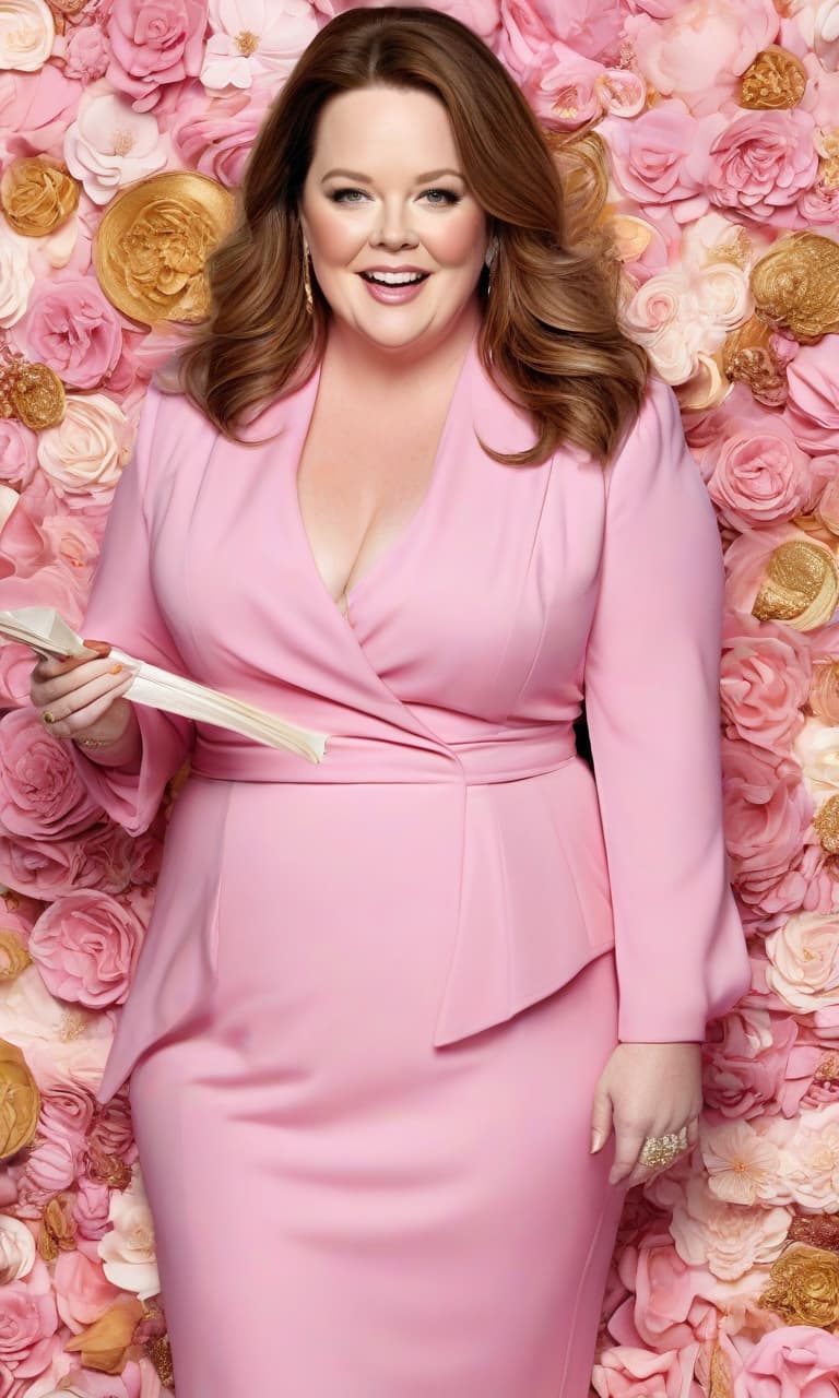  concept art pink, gold, black, white melissa mccarthy . digital artwork, illustrative, painterly, matte painting, highly detailed, perfect hands