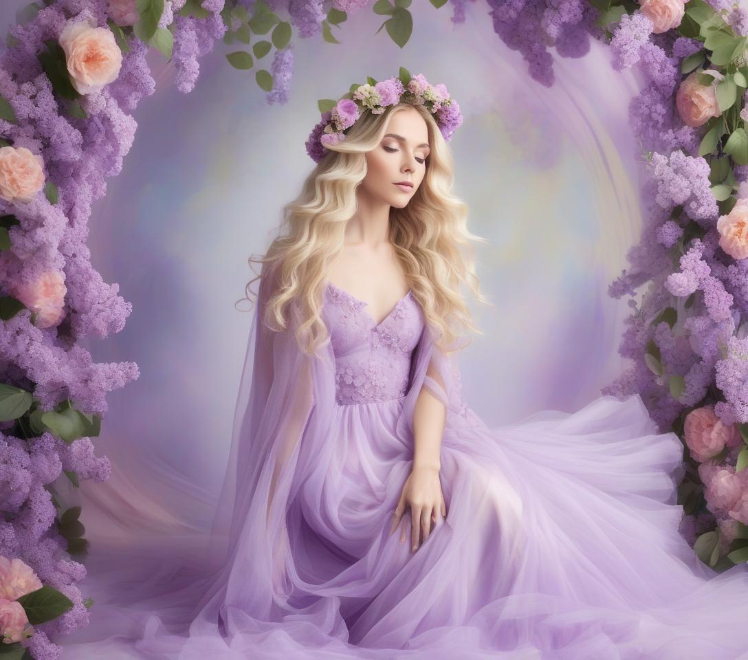  a woman with long curly hair adorned with a floral wreath, dressed in a lilac gown, is set against a soft, floral background. a beautiful white woman with blond hair hanging down wearing a vaporous bright lilac tuille and silk dress. and pink flower headpiece