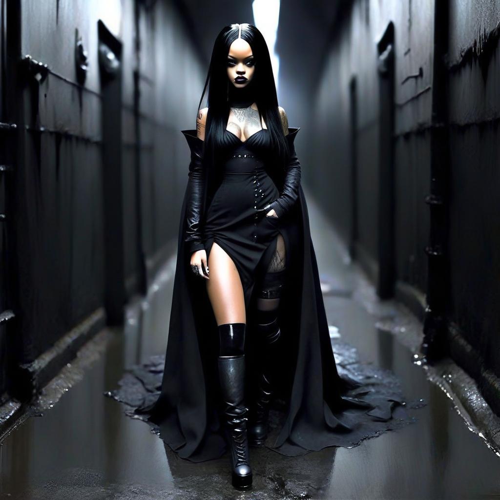  macabre style transform the entire picture into an anime. rihanna's face and hair are left as in the original photo. . dark, gothic, grim, haunting, highly detailed, perfecteyes, perfect hands