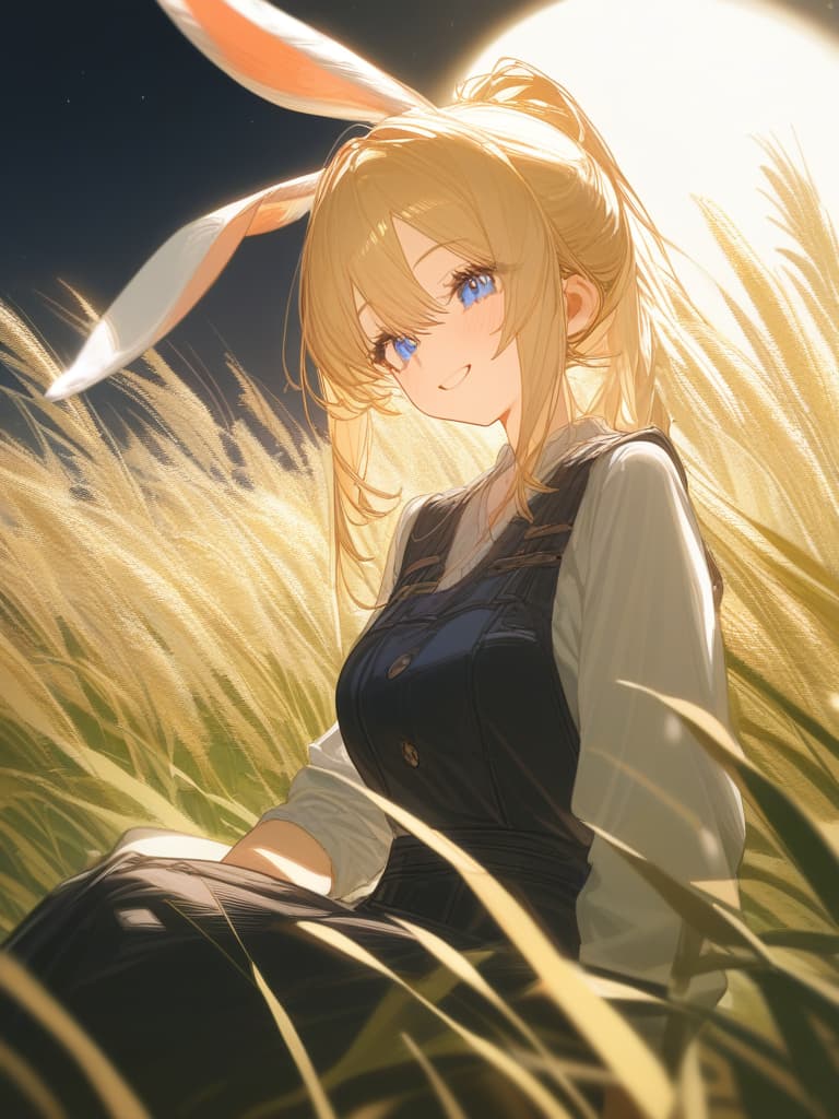  blond, girl, blue eyes, moon watching, pampas grass, smiling, rabbit, rabbit ears, masterpiece, best quality,8k,ultra detailed,high resolution,an extremely delicate and beautiful,hyper detail