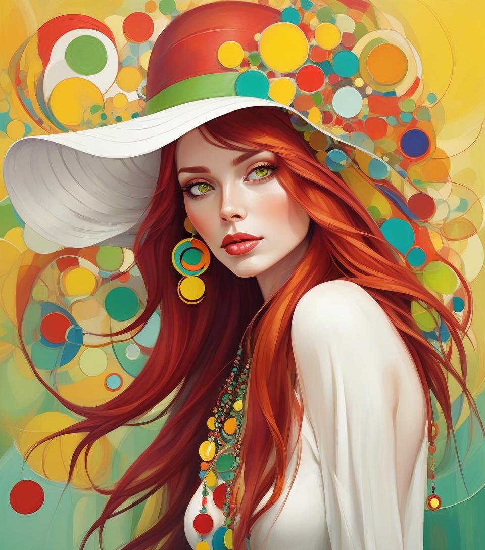  concept art oil painting, beautiful lady in abstract style, long red hair, white bizarre hat with colorful circles, multicolored necklaces, earrings, yellow striped green background abstract vector fractal, wave function, zentangle, 3d shading . digital artwork, illustrative, painterly, matte painting, highly detailed