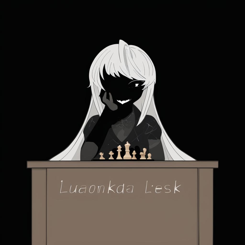  white hair anime woman with shadows hiding face, sitting in front of a table with a chess set on it,an evil smile on her face and only 1 eye is visible . best quality, high resolution