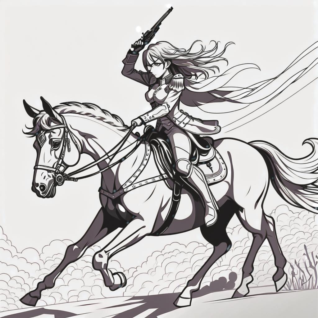  line art drawing hussar girl shooting on horse, same nightmare. anime style . professional, sleek, modern, minimalist, graphic, line art, vector graphics