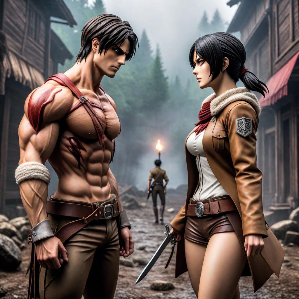  eren yeager kills mikasa and levi and then armin comes with zeke and kicks eren's ass. hyperrealistic, full body, detailed clothing, highly detailed, cinematic lighting, stunningly beautiful, intricate, sharp focus, f/1. 8, 85mm, (centered image composition), (professionally color graded), ((bright soft diffused light)), volumetric fog, trending on instagram, trending on tumblr, HDR 4K, 8K