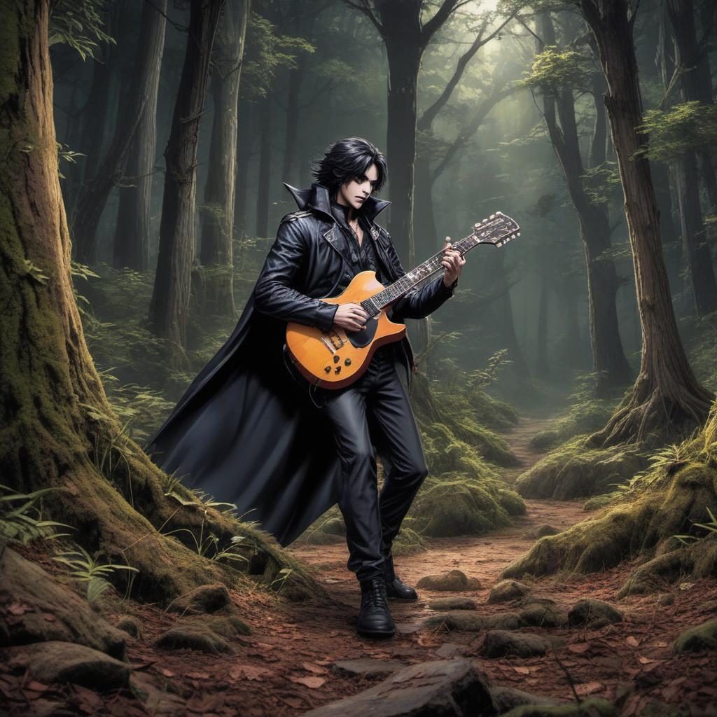  un vampire guitare hero dans une forêt hantée , anime style, manga style, manhwa style