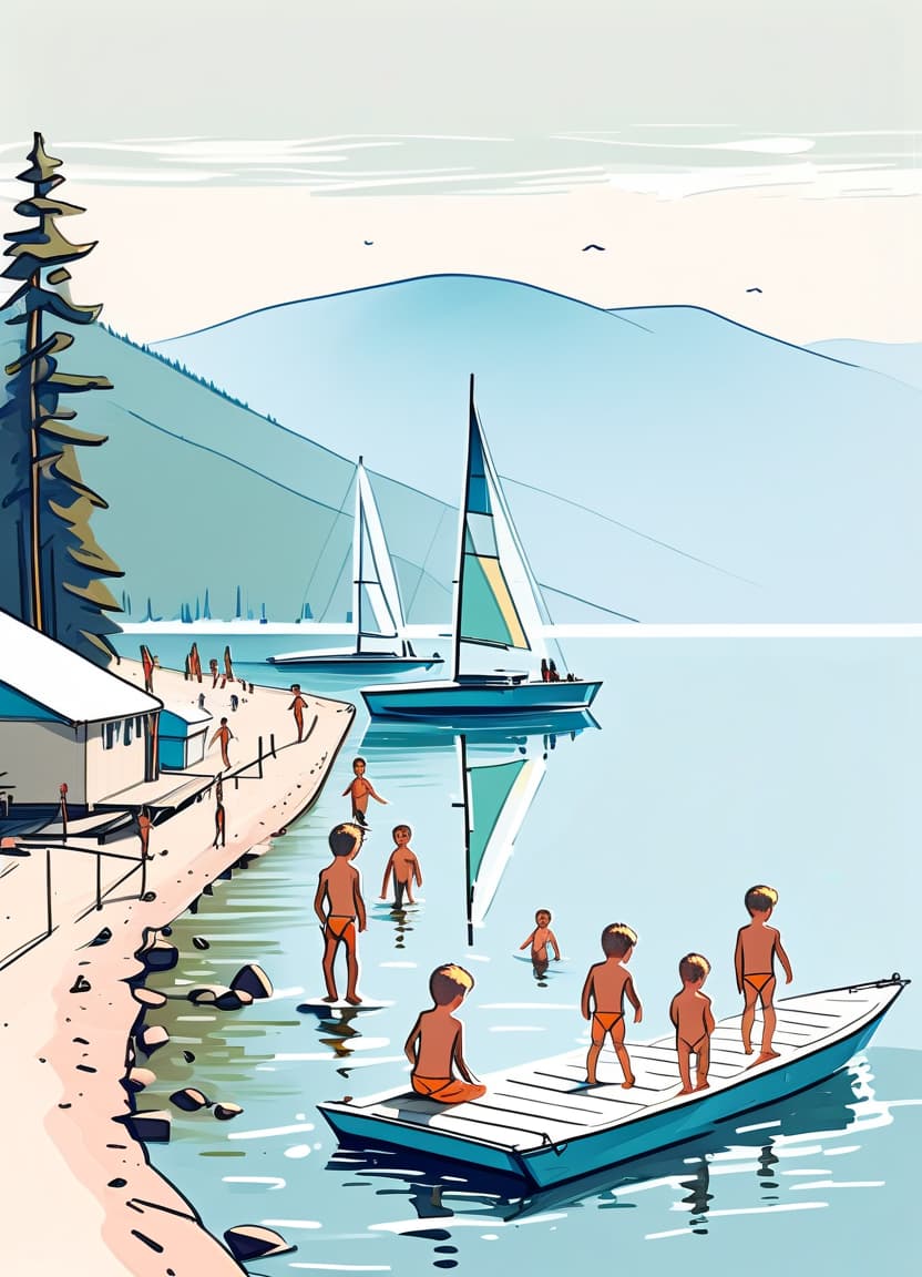  minimalist style children swim on catamarans on lake baikal in a children's camp retro style sketch . simple, clean, uncluttered, modern, elegant