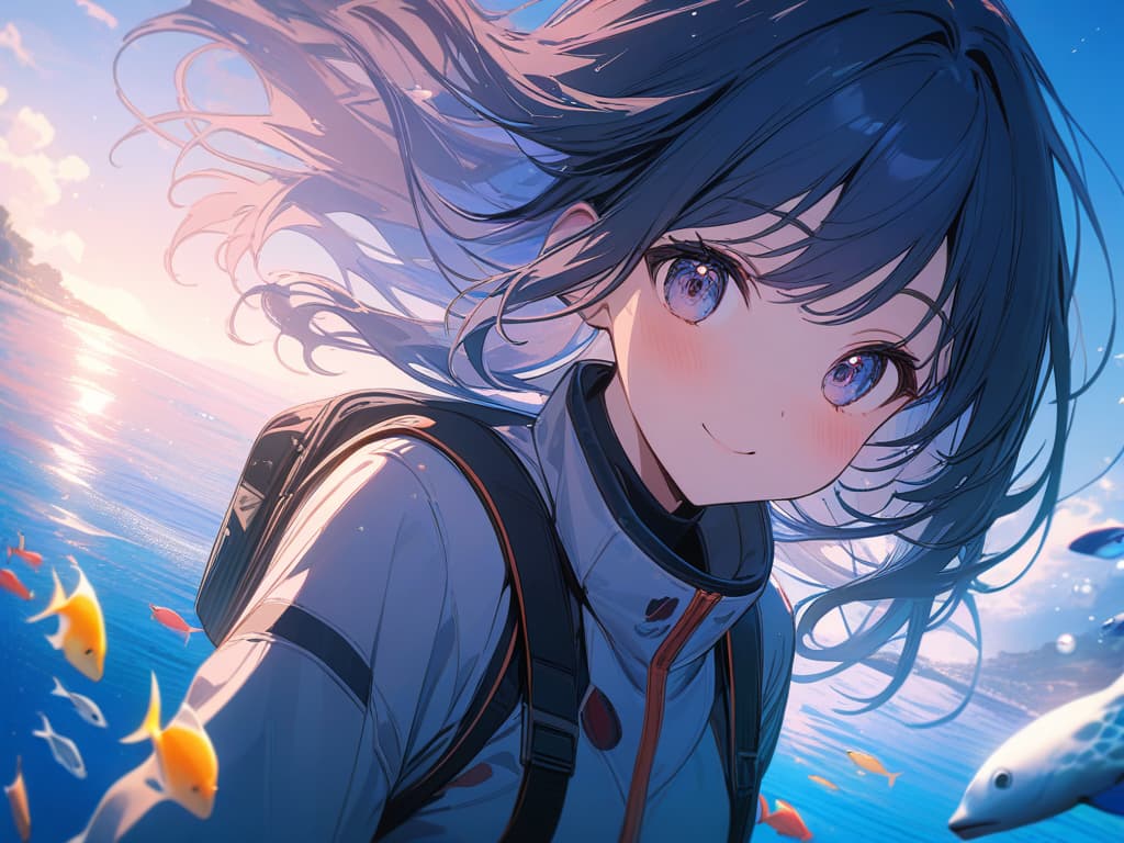  cute, cute, blue haired shortcut girls, scuba, tropical fish, corals, sea, smiles, fun, swim towards the sun and turn around., masterpiece, best quality,8k,ultra detailed,high resolution,an extremely delicate and beautiful,hyper detail