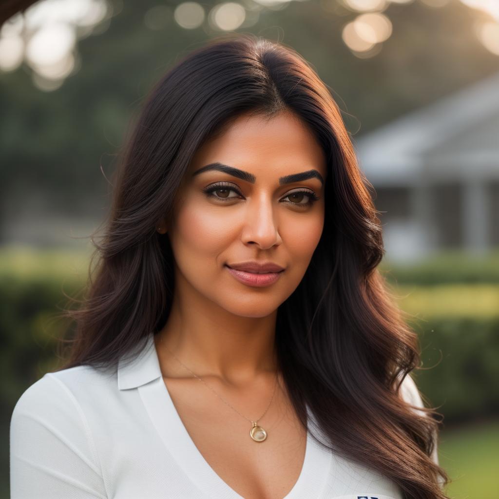  (((realistic full torso frontal head shot of a light brown to medium brown skin tone woman))), naina kajal shukla, ((indian heritage)), immature face, hazel eye color, ((long hair style)), ((black hair color)), ((skinny body type)), small size, athletic size, (immature straight nose), (immature prominent cheekbones), (immature smooth jawline), (immature full lips), (immature broad forehead), (immature even eyebrows), (immature dimpled chin), standing straight looking directly into the camera,((wearing fitted polo shirt with deep v neck and monogrammed pocket)), backyard in background, 1, best quality, highest quality, award winning photo, masterpiece, raw, professional photography, photorealism, sharp focus, cinematic,  hyperrealistic, full body, detailed clothing, highly detailed, cinematic lighting, stunningly beautiful, intricate, sharp focus, f/1. 8, 85mm, (centered image composition), (professionally color graded), ((bright soft diffused light)), volumetric fog, trending on instagram, trending on tumblr, HDR 4K, 8K