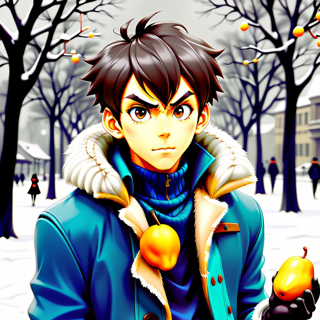  anime artwork kawai guy, mango, anime, in winter, in a park with fur, against the background there is snow and an overcast gray sky . anime style, key visual, vibrant, studio anime, highly detailed, sticker