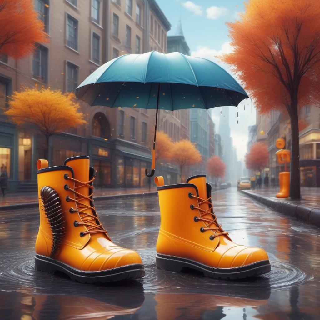  A centipede in bright rubber boots walks through puddles against the background of an autumn city, a bright dynamic picture in the style of a kortoon, digital painting with drawing details