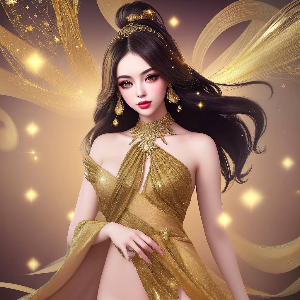  generate a glamorous background with shimmering gold particles and elegant cosmetic silhouettes.