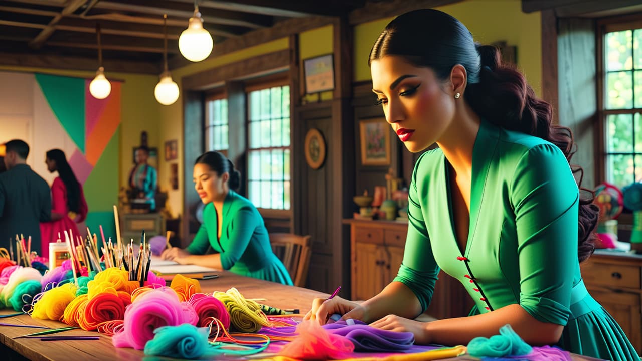  a vibrant workshop scene showcasing diverse costume makers: a focused seamstress sewing intricate fabrics, a designer sketching on a table filled with colorful materials, and a team collaborating on a mannequin adorned with elaborate costumes. hyperrealistic, full body, detailed clothing, highly detailed, cinematic lighting, stunningly beautiful, intricate, sharp focus, f/1. 8, 85mm, (centered image composition), (professionally color graded), ((bright soft diffused light)), volumetric fog, trending on instagram, trending on tumblr, HDR 4K, 8K