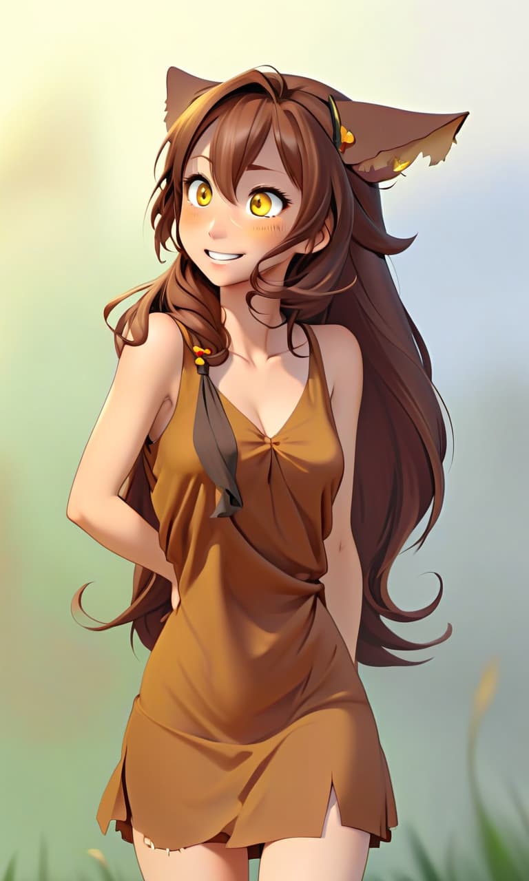  torn clothes, joyful look, yellow eyes, brown hair, brown ears, brown dress