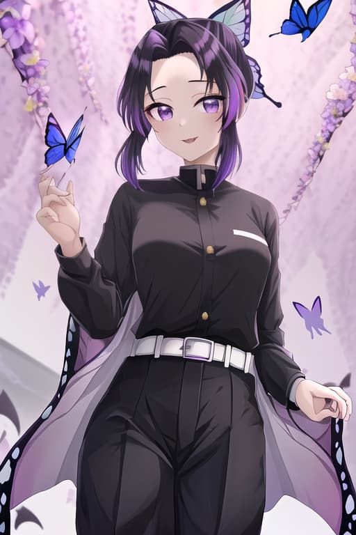  masterpiece, best quality, kochou shinobu, multicolored hair, no bangs, hair intakes, purple eyes, forehead, black shirt, black pants, haori, butterfly, buttons, belt,(vampire:1.2), dark hair, masterpiece, best quality, high quality, solo