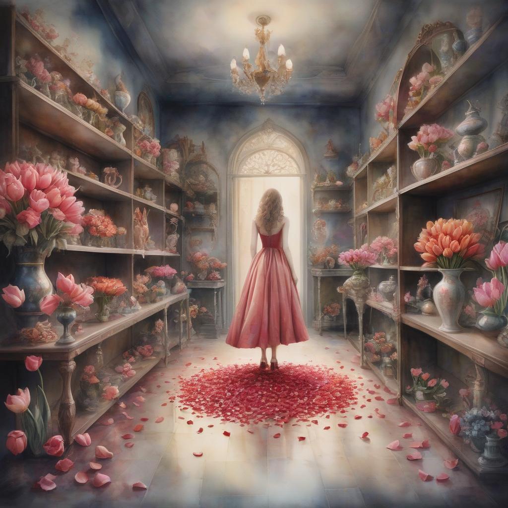  surrealist art (watercolor: 1,4) (flower shop: 1,4)there are many different colors in vases on the shelves and on the floor. in the center there are many flowers holding hands in the image of people dancing a magic dance. (dressed in dresses made of rose petals and tulips: 1.4 ) the atmosphere of a wonderful fairy tale, holiday, magic. night, surrealism . dreamlike, mysterious, provocative, symbolic, intricate, detailed, hkmagic