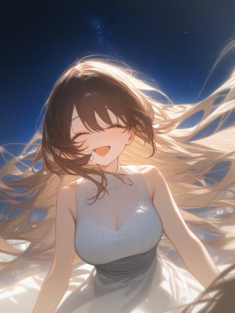  bright brown hair long hair, transparent ephemeral, laughing, under the starry sky, the whole body, facing here, wearing a white cardigan from the black sleeveless dress, above the chest, masterpiece, best quality,8k,ultra detailed,high resolution,an extremely delicate and beautiful,hyper detail