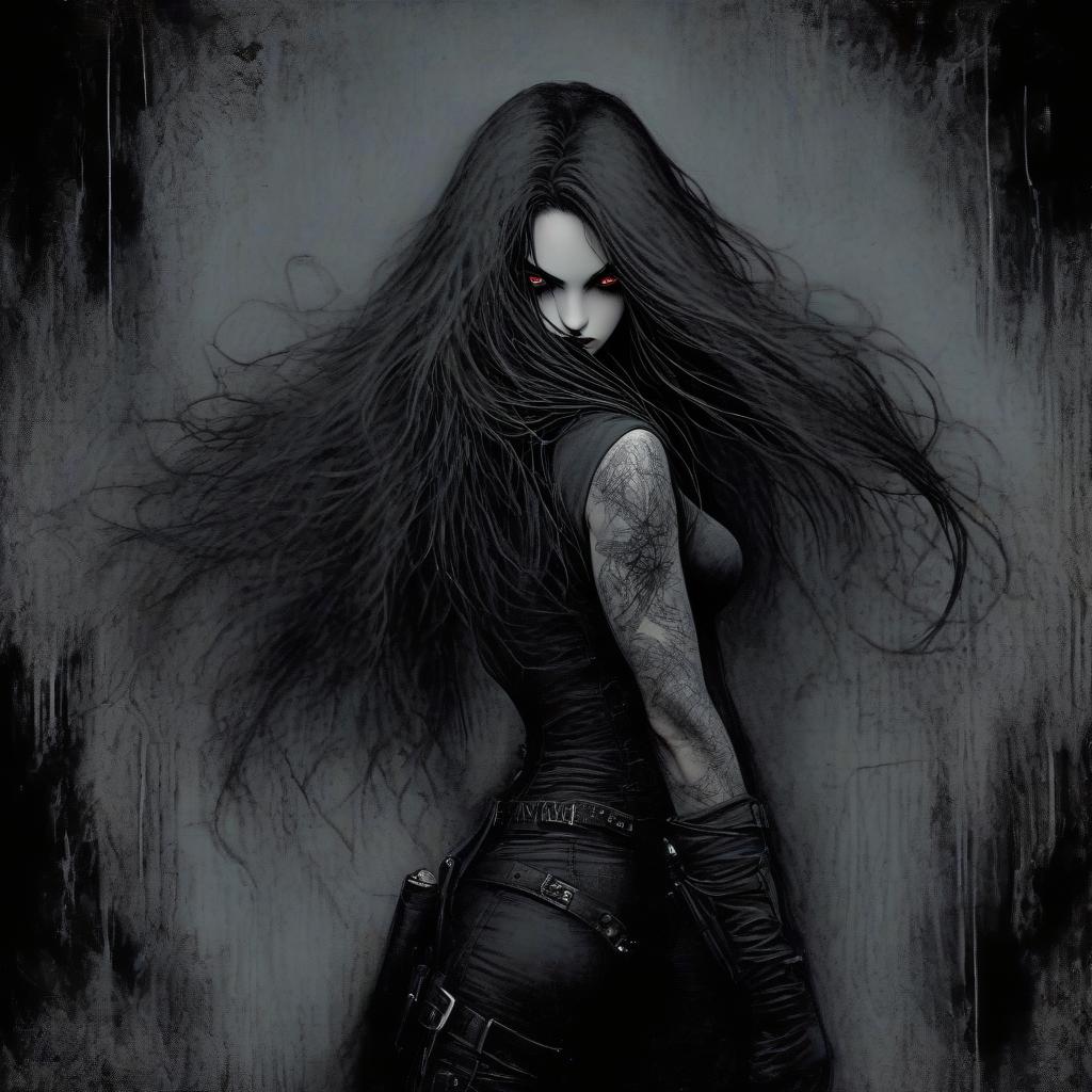  macabre style a female thief with long hair behind her back, with a wick gun in her hand, full length. . dark, gothic, grim, haunting, highly detailed, perfecteyes, perfect hands