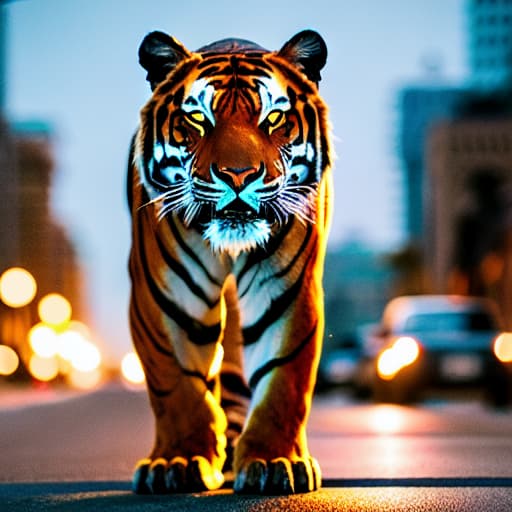  A robotic tiger with glowing eyes and metallic fur. hyperrealistic, full body, detailed clothing, highly detailed, cinematic lighting, stunningly beautiful, intricate, sharp focus, f/1. 8, 85mm, (centered image composition), (professionally color graded), ((bright soft diffused light)), volumetric fog, trending on instagram, trending on tumblr, HDR 4K, 8K
