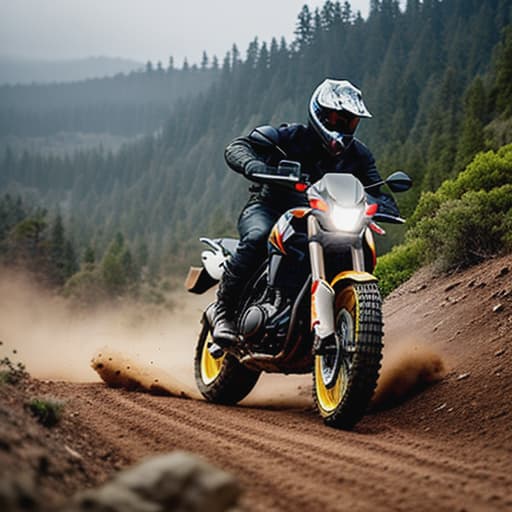  moto off roading Apply the Following Styles Cinematic hyperrealistic, full body, detailed clothing, highly detailed, cinematic lighting, stunningly beautiful, intricate, sharp focus, f/1. 8, 85mm, (centered image composition), (professionally color graded), ((bright soft diffused light)), volumetric fog, trending on instagram, trending on tumblr, HDR 4K, 8K