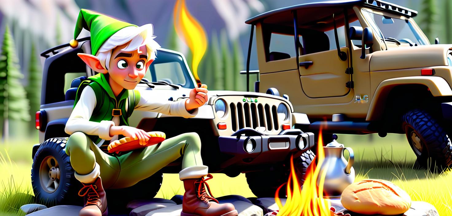  comic evening portrait of a group of adventurers near a jeep in the prairie. a beautiful and elf with white hair and elf ears sits near a raider expedition jeep in a relaxed pose by the fire. the elf is dressed in shorts and a white t shirt, hiking sneakers, and drinks coffee from a mug. a beautiful and elf with black hair combed back and long bangs to the side, with elf ears, is frying bread on a nch over a fire. the elf is dressed in jeans, a gray t shirt and a black vest, and is wearing hiking boots. the elf is sitting on a out jacket. the elf is squatting by the fire and holding a nch with bread over the fire. a tall, athletic guy in a baseball cap is leaning against a jeep and playing an acous