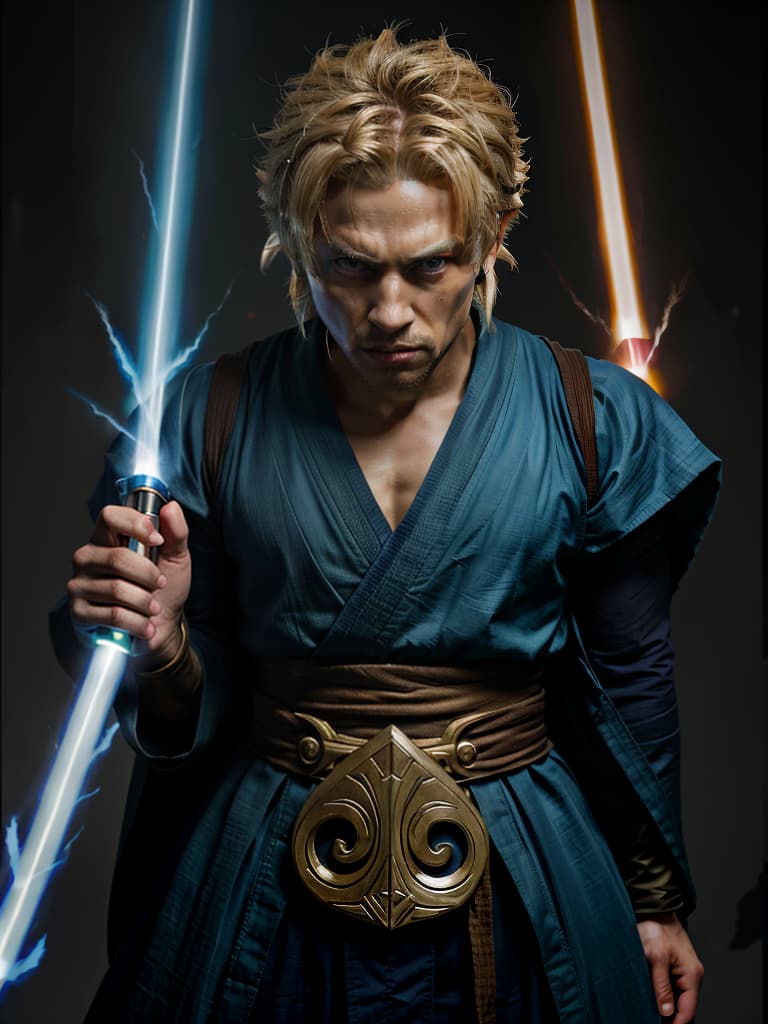  super saiyan, jedi, jedi's clothes, handsome men, intense anger at the emperor, one blue lightsaber, upside down blonde, masterpiece, best quality,8k,ultra detailed,high resolution,an extremely delicate and beautiful,hyper detail