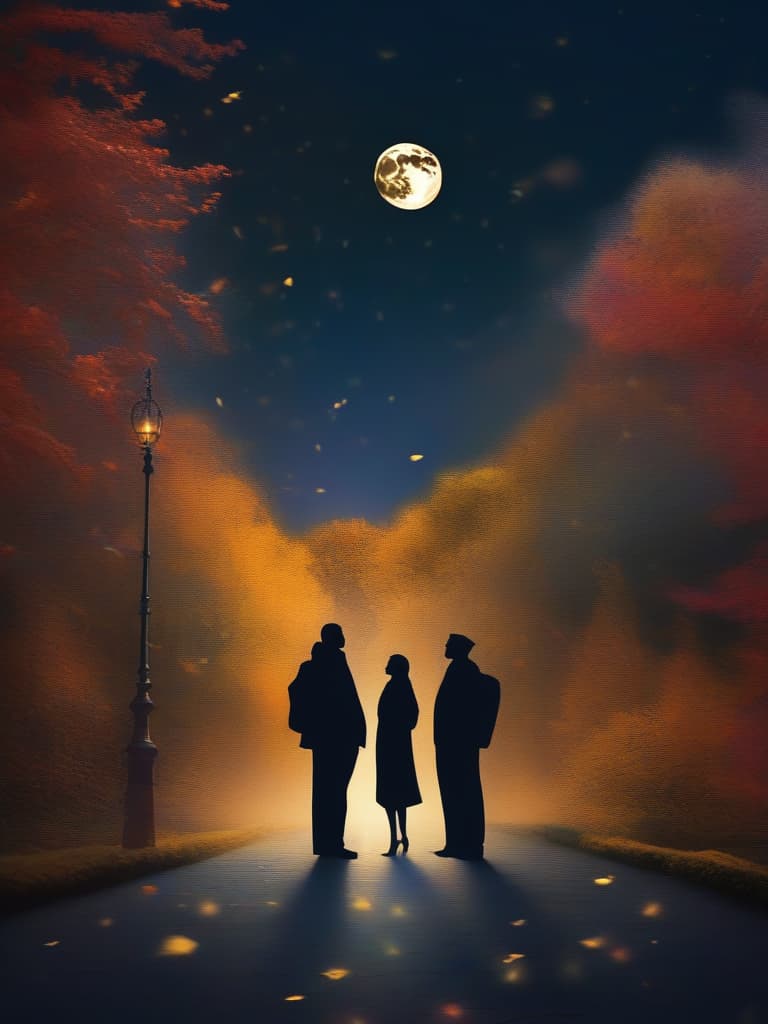  ((two people,man and woman,profile: 1.4)){big sky,night sky,full moon,((man and woman looking up at the moon,profile: 1.4)),park with beautiful autumn leaves}(blur effect),high resolution,absurd,adopted,