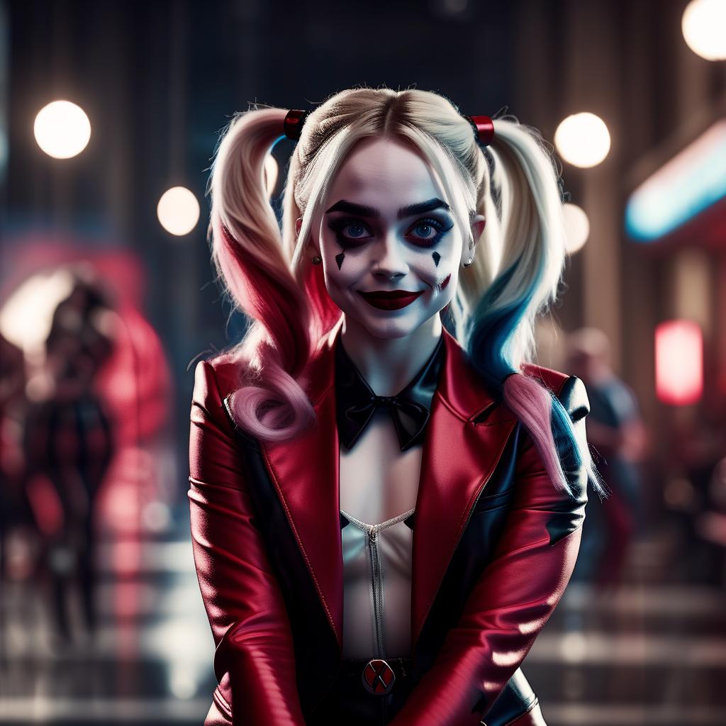  cinematic photo sabrina carpenter as harley quinn in a black and red suit . 35mm photograph, film, bokeh, professional, 4k, highly detailed