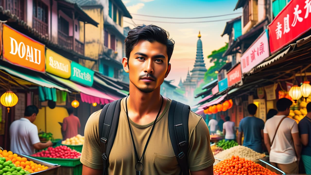  a vibrant scene of a backpacker in a bustling southeast asian market, surrounded by colorful street food stalls, lush tropical foliage, and iconic landmarks like temples and beaches, evoking adventure and exploration. hyperrealistic, full body, detailed clothing, highly detailed, cinematic lighting, stunningly beautiful, intricate, sharp focus, f/1. 8, 85mm, (centered image composition), (professionally color graded), ((bright soft diffused light)), volumetric fog, trending on instagram, trending on tumblr, HDR 4K, 8K