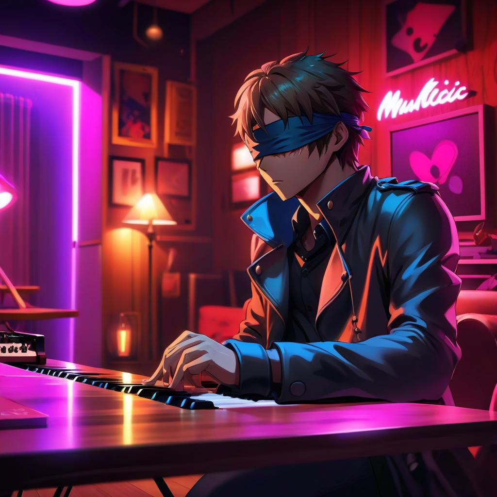  anime artwork musician with a blindfold, thoughtfully sitting at a table, against the background of a cozy room with musical instruments . anime style, key visual, vibrant, studio anime, highly detailed, hkmagic