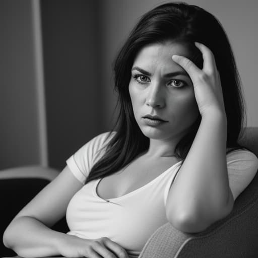  a woman looking comfortable. black and white. dramatic.