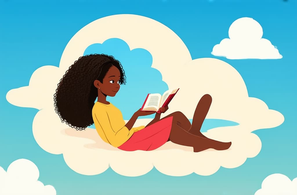  flat illustration, flaticon, (illustration:1.15), literary fan young african girl in the sky on a cloud reading a book. funny, abstract cartoon people on beige. 3d rendering. ar 3:2, [cory loftis, strobist, pascal campion :: 0.2]