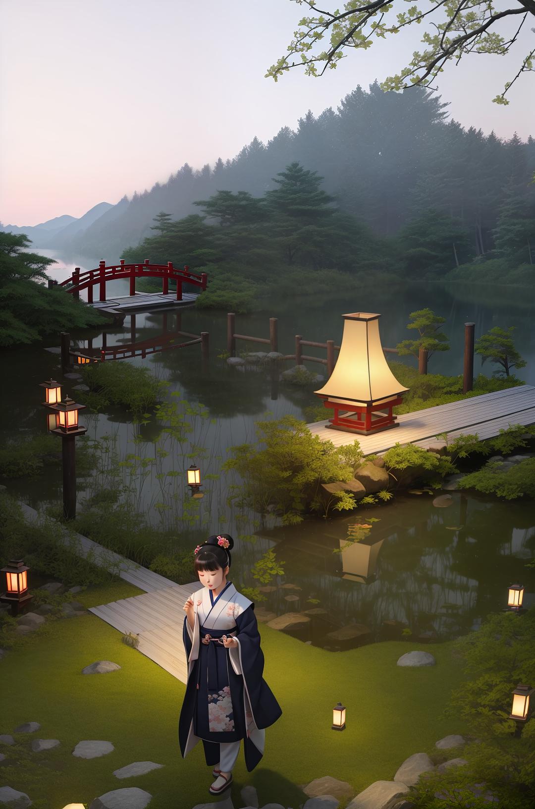  masterpiece, best quality, (fidelity:1.4), best quality, masterpiece, ultra high resolution, 8k resolution, night view inspired by japanese art, featuring a garden illuminated by paper lanterns and a wooden bridge spanning a tranquil lake with a small zen temple beside the lake.