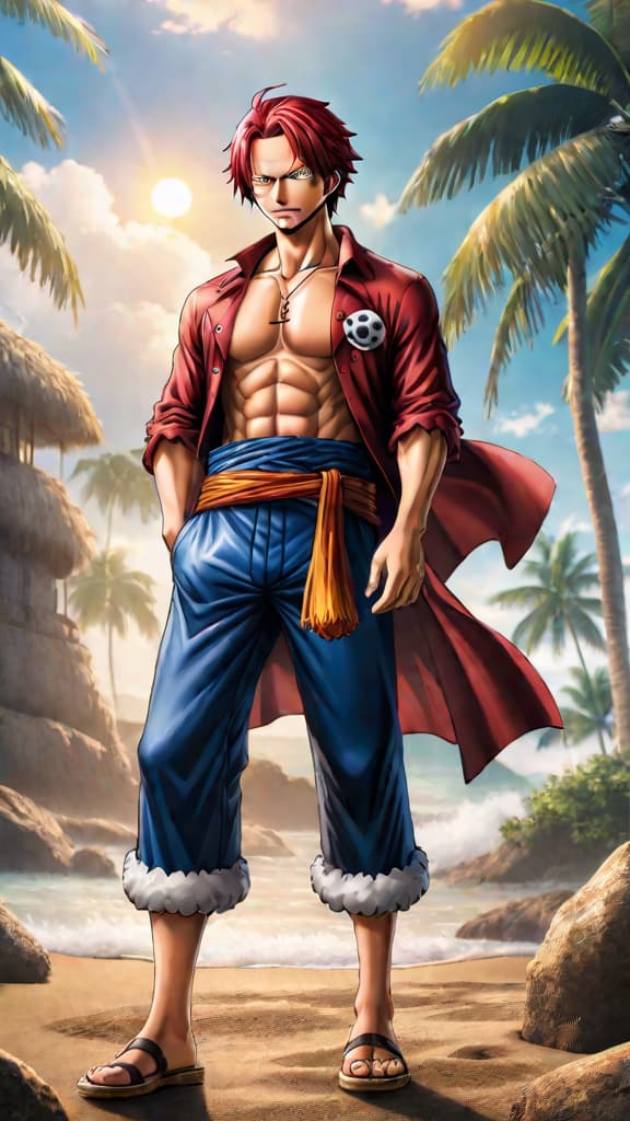  an anime art depicting shanks from "one piece" betting on luffy's promising future. hyperrealistic, full body, detailed clothing, highly detailed, cinematic lighting, stunningly beautiful, intricate, sharp focus, f/1. 8, 85mm, (centered image composition), (professionally color graded), ((bright soft diffused light)), volumetric fog, trending on instagram, trending on tumblr, HDR 4K, 8K