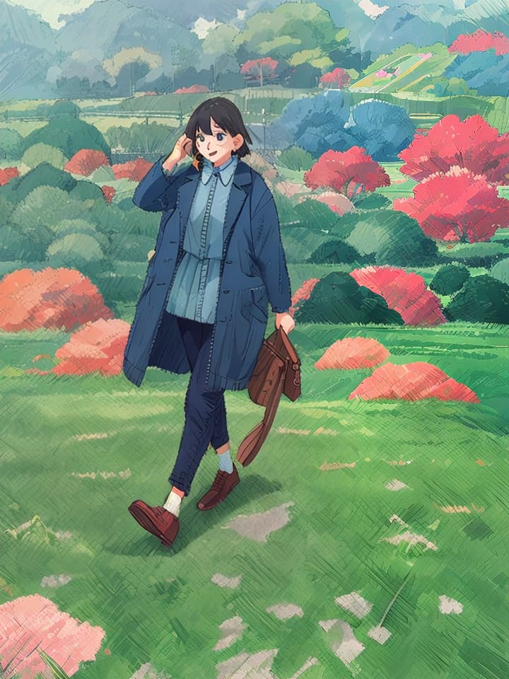  its an asian woman 35 years old on a field with her bag in her hand , (anime:1.15), hq, hightly detailed, 4k