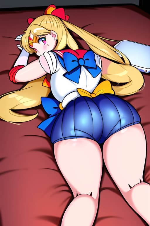  chubby little women,tight shorts,ipad,food crumbs,laying on stomach,back view,round backside,(sailor venus:1.3), (masterpiece), (highest quality), (intricate), (high detail)