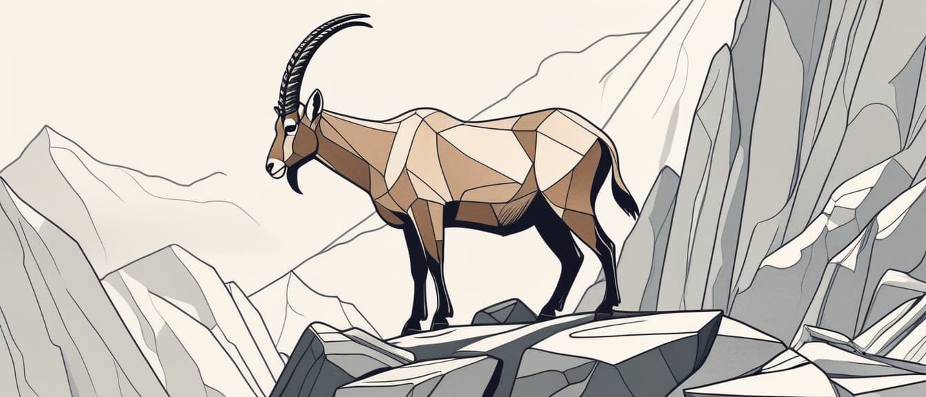  minimalism, draw an ibex staying on the rock in the mountains. it should be made in art deco technique, abstract, simple geometic shapes, hard edges, sleek contours, minimalism