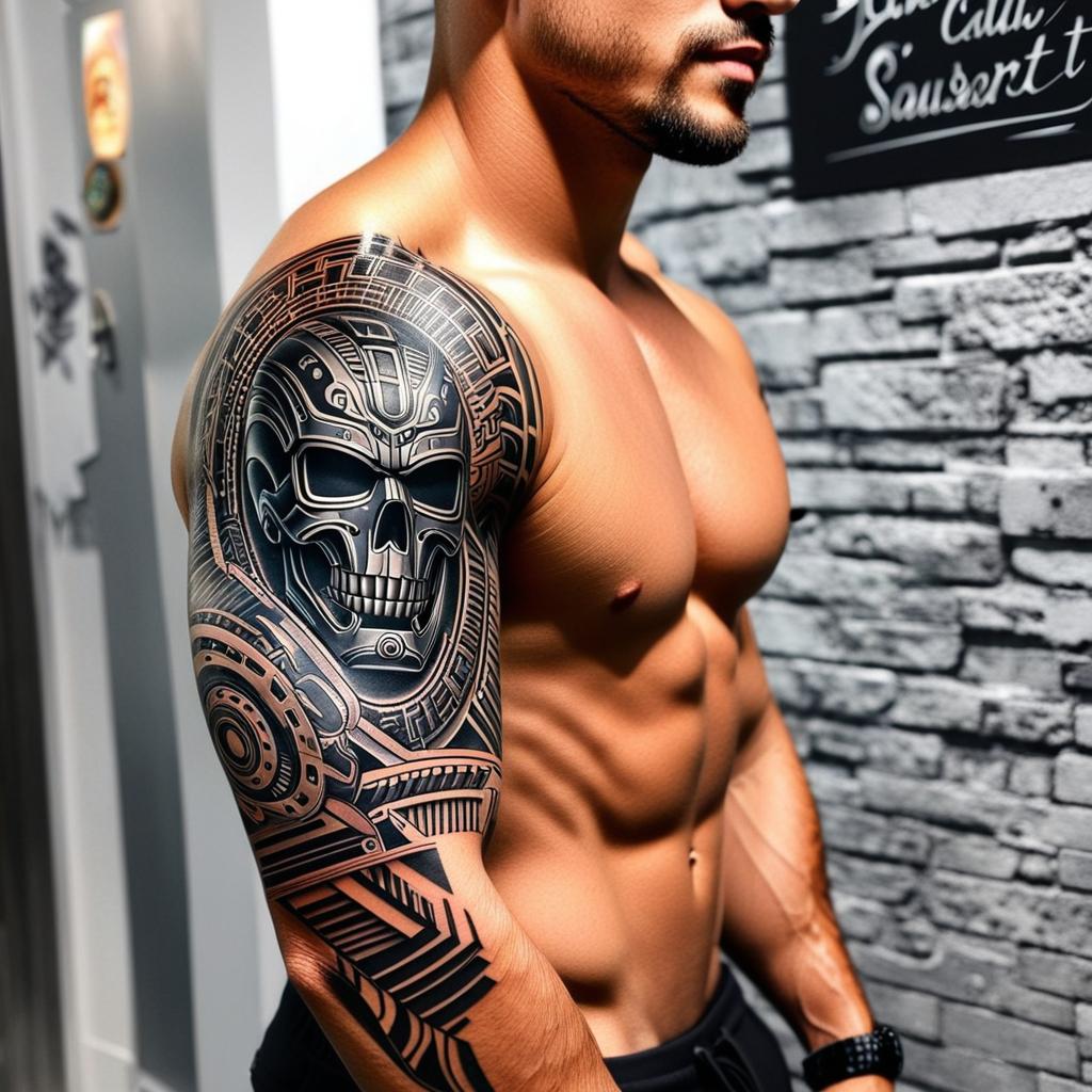  terminator, exposed mechanical mix with mayan culture starting from shoulder, (tattoo), (sleeve tattoo design on the arm)