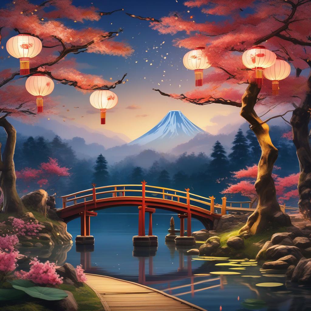  masterpiece, best quality, (fidelity:1.4), best quality, masterpiece, ultra high resolution, 8k resolution, night view inspired by Japanese art, featuring a garden illuminated by paper lanterns and a wooden bridge spanning a tranquil lake with a small Zen temple beside the lake.