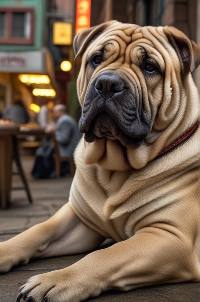  quiero que me hagas un shar pei color cafe y que al lado hagas un perro que sea muy parecido al shar pei pero sin arrugas, realistic, portrait, art by donato giancola and greg rutkowski, realistic face, digital art, trending on artstation hyperrealistic, full body, detailed clothing, highly detailed, cinematic lighting, stunningly beautiful, intricate, sharp focus, f/1. 8, 85mm, (centered image composition), (professionally color graded), ((bright soft diffused light)), volumetric fog, trending on instagram, trending on tumblr, HDR 4K, 8K