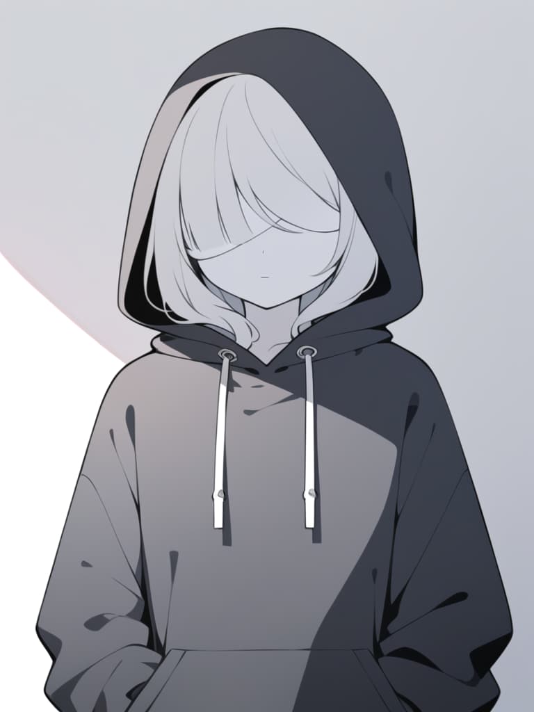  a minimalist digital illustration of a character wearing a plain,oversized black hoodie with the hood up,creating a mysterious and low key atmosphere.the character's face is obscured by a simple white paper mask that has two minimalistic vertical lines for eyes and a single tear running down from one eye. the mask is held in place with a small paperclip at the top. the character's overall appearance is quiet and reserved,with shoulder length hair visible beneath the hood. the background should be simple,preferably a blank or light colored space to emphasize the character's isolated and somber mood. the art style should remain sketchy and minimalistic,using mostly monochromatic tones with small accents like the tear to convey emotion.