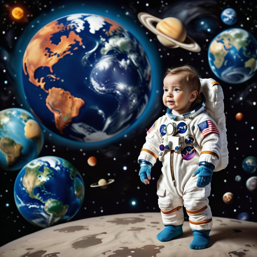  astronaut baby stands opposite planet earth