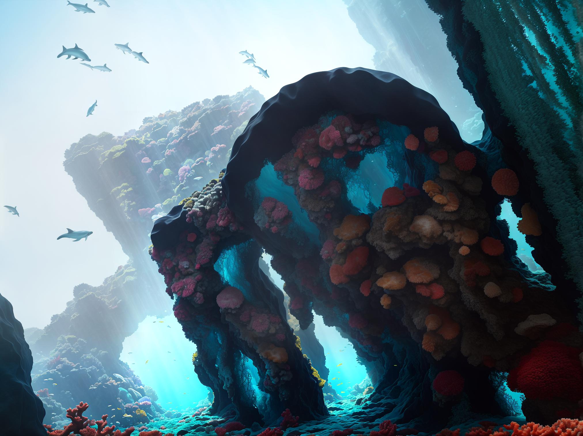  masterpiece, best quality, most beautiful in deep sea teeming with vibrant corals, diverse marine life, and enchanting underwater landscapes, full of corals, acrophore, small fishes, anemones, dolphin, various algaes, caves, colorful,all captured in stunning 8k resolution with intricate details.