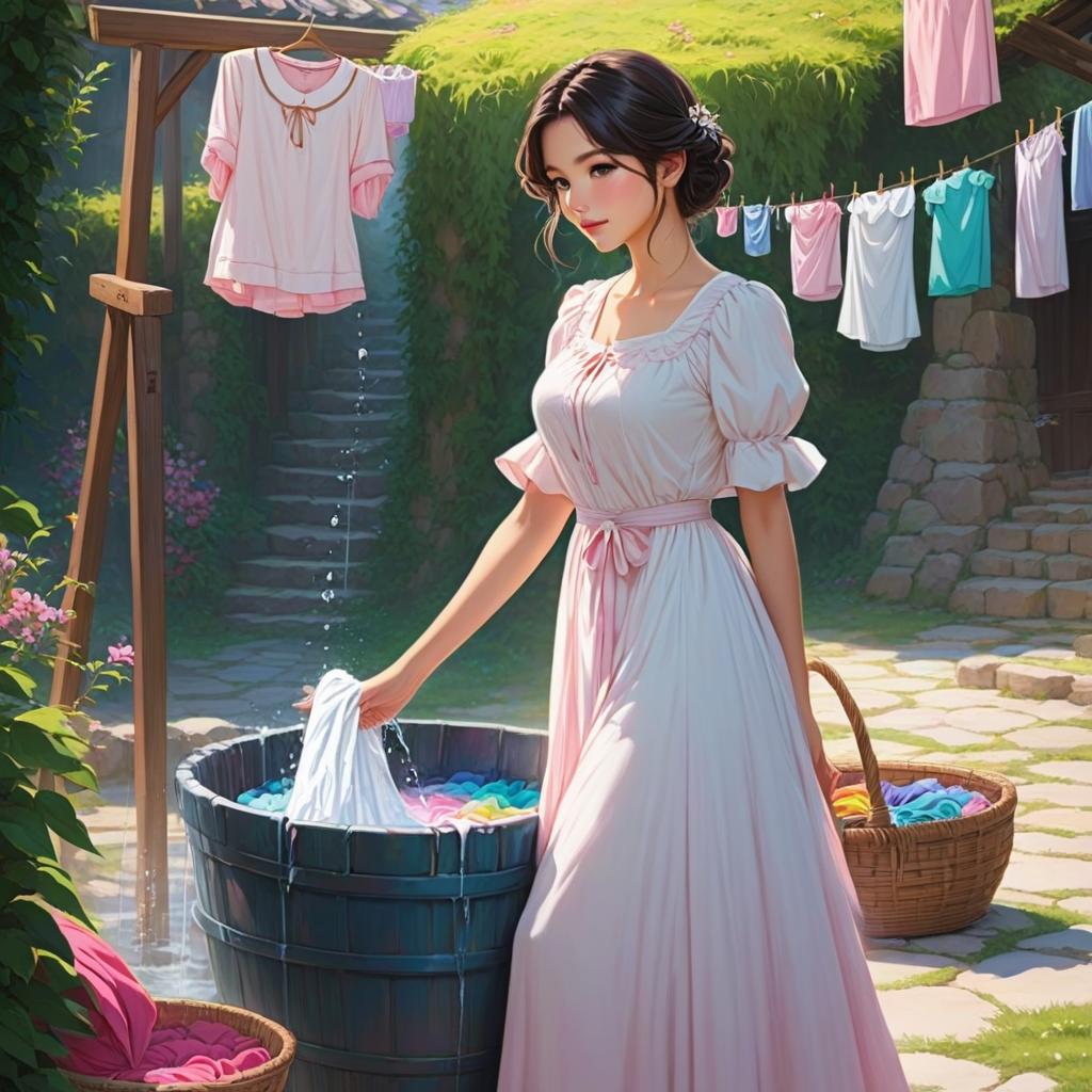  ### scene 2: washing clothes **description**: a graceful woman is washing colorful clothes in a basin next to the well. she is dressed in a flowing white and soft pink dress. a basket of laundry sits nearby., anime artwork, anime style, key visual, vibrant, studio anime, highly detailed