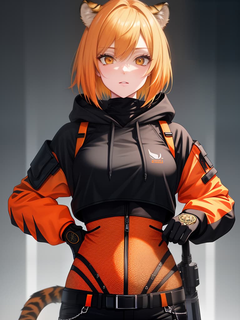  short bob, boyish, hoodie, upper body only, skinny pants, orange eye, woman, tiger, blonde black mesh, masterpiece, best quality,8k,ultra detailed,high resolution,an extremely delicate and beautiful,hyper detail hyperrealistic, full body, detailed clothing, highly detailed, cinematic lighting, stunningly beautiful, intricate, sharp focus, f/1. 8, 85mm, (centered image composition), (professionally color graded), ((bright soft diffused light)), volumetric fog, trending on instagram, trending on tumblr, HDR 4K, 8K