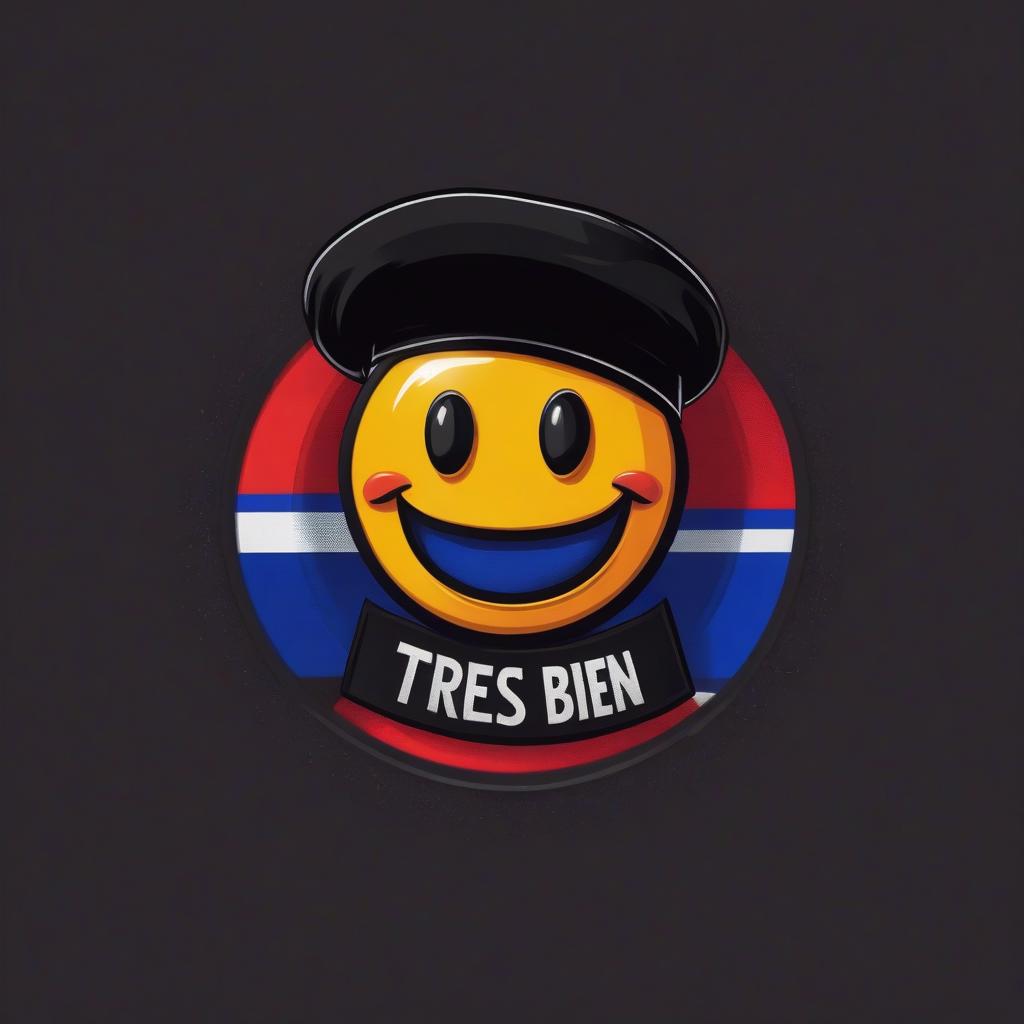  retro game art minimalist logo in the form of a smiling smiley in a striped t shirt, black beret, the inscription "tres bien", the colors of the flag of france . 16 bit, vibrant colors, pixelated, nostalgic, charming, fun