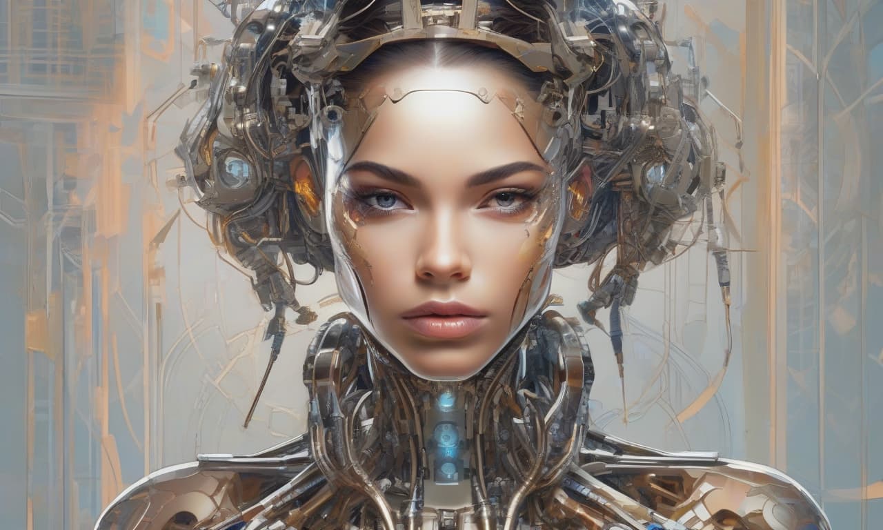  a cyborg girl stands in the center of a large bright studio and is engaged in creating her self portrait on canvas. she is depicted in all her majestic beauty and elegance. her metallic skin reflects the light, creating a play of hues and highlights like an expensive piece of jewelry. her long metal hair frames her face, giving her a mysterious and alluring look. her bright eyes, in which light shimmers, stare straight ahead with confidence and the strain of creative inspiration. the cyborg girl is depicted in a graceful pose, showing off her grace and strength as well as the fine workings of her mechanical limbs. her hands hold brushes and are immersed in the creative process of creating a stunning work of art. the outline of the self port