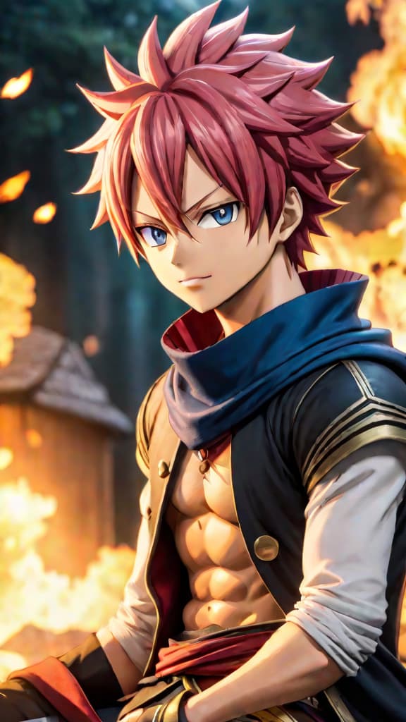  anime art: natsu dragneel fears losing friends and failing to protect fairy tail guild. hyperrealistic, full body, detailed clothing, highly detailed, cinematic lighting, stunningly beautiful, intricate, sharp focus, f/1. 8, 85mm, (centered image composition), (professionally color graded), ((bright soft diffused light)), volumetric fog, trending on instagram, trending on tumblr, HDR 4K, 8K