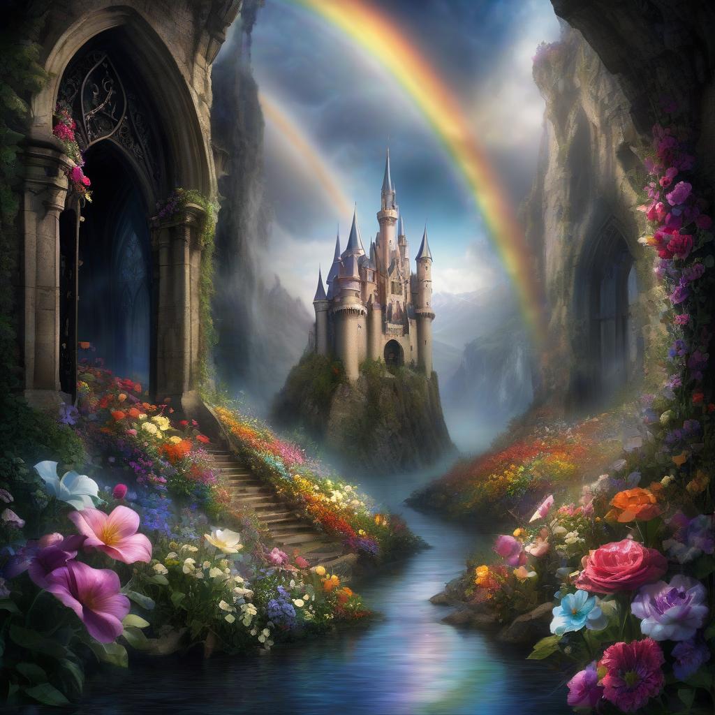  gothic, drop, inside the drop fairy world, rainbow, flowers, river, castle, highest quality image, play of light and shadow, surreal